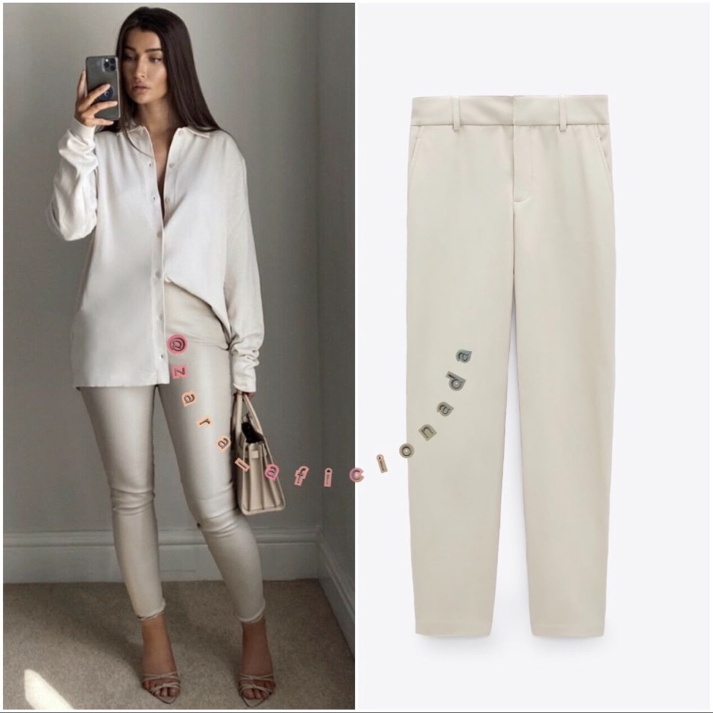 ZARA CREAM ECRU MINIMALIST FAUX LEATHER HIGH WAIST TROUSERS PANTS